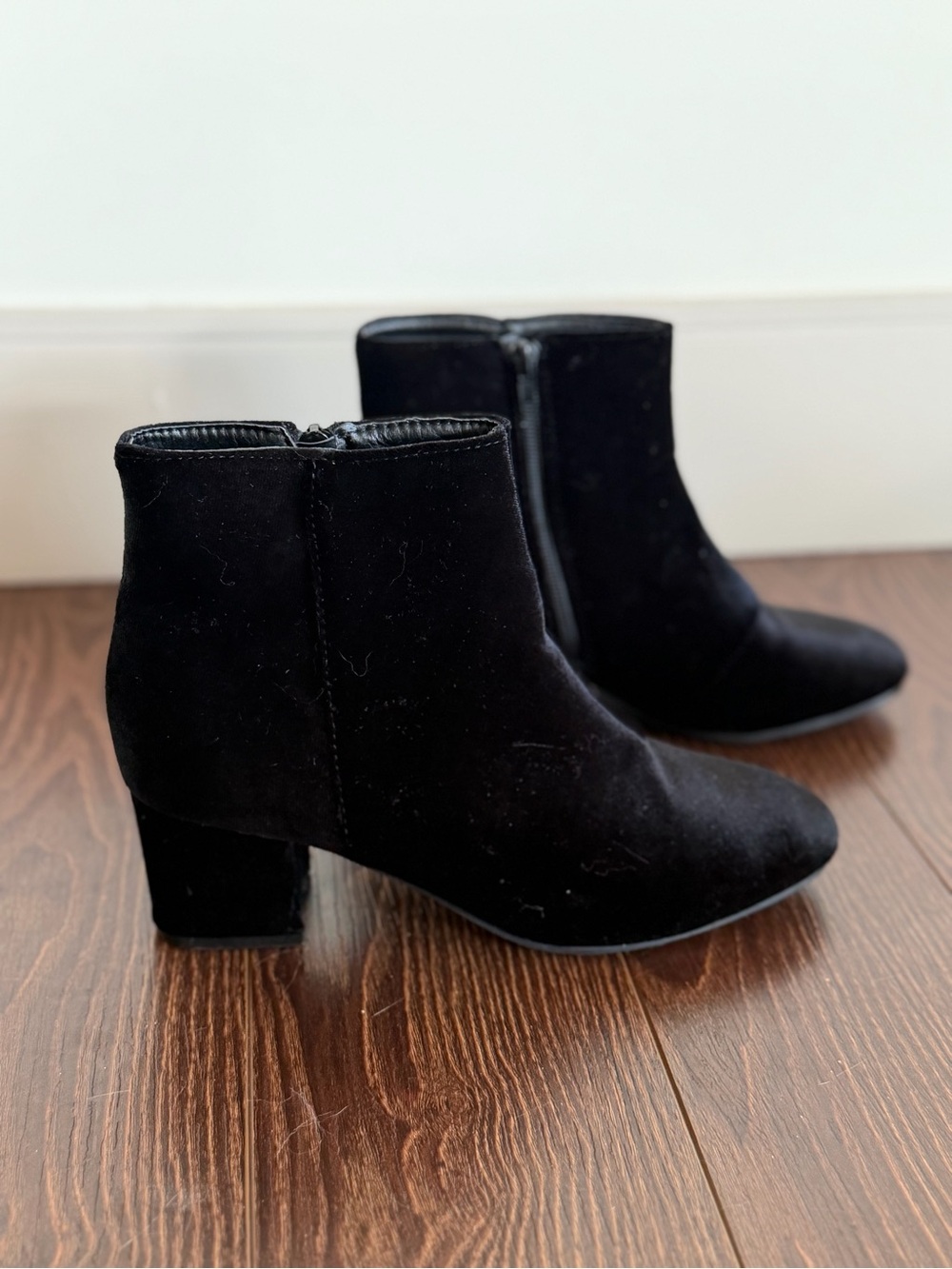 Black Velvet Ankle Booties with Low Block Heel